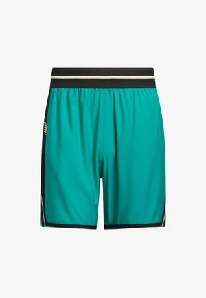 Pantaloncini sportivi turchese con una fascia elastica nera in vita, caratterizzati da una striscia decorativa bianca e pannelli laterali neri con dettagli dorati.