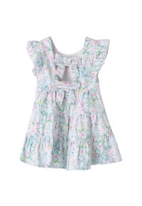 Vestido floral con tirantes con volantes, en tonos pastel suaves, que presenta un diseño de capas y un lazo decorativo en la parte delantera, con detalles de botones.