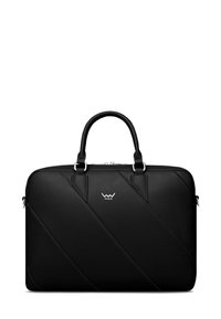 Schwarze Laptoptasche aus strukturiertem synthetischem Material, mit diagonaler Naht, einem oberen Griff und einem silbernen Logo. Reißverschluss mit Metallbeschlägen.