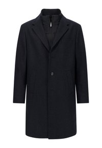 Dunkelblauer Wollmantel mit strukturiertem Design, Spitzenrevers, zwei Fronttaschen, einem einzelnen Knopfverschluss und einem gesteppten Innenfutter.