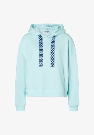 Hellblaue Kapuzenjacke mit Kängurutasche, ausgestattet mit gemusterten Kordeln in Marineblau und Weiß sowie gerippten Bündchen und Saum. Weiches Material.