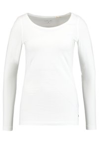 Langärmliges weißes T-Shirt mit Rundhalsausschnitt, aus weichem Stoff, mit glatter Oberfläche und minimalem Branding an der Seite.