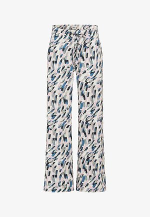 Pantaloni larghi fluidi con vita elastica, caratterizzati da un motivo astratto multicolore in blu, nero e rosa su uno sfondo chiaro.