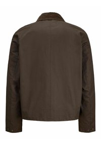 Giacca marrone con colletto in velluto a coste, maniche lunghe e chiusura con zip. Tessuto liscio con cuciture minime e senza motivi visibili.