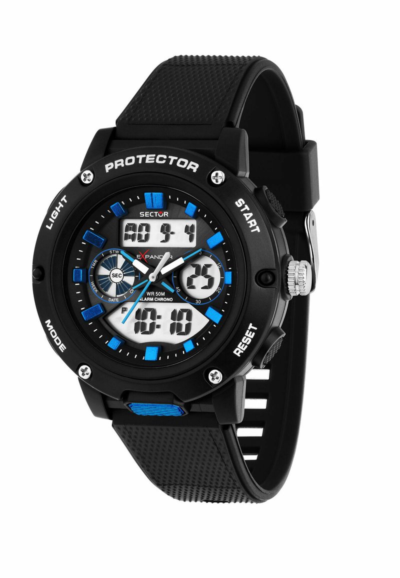 Orologio digitale nero con accenti blu, quadrante rotondo, cinturino in gomma, funzioni di visualizzazione multiple e elementi hardware protettivi contrassegnati con i comandi.