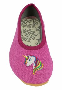 Rosa Stoff-Ballettschuhe mit elastischem Einstieg, versehen mit einem bestickten Einhorn-Motiv mit mehrfarbigem Mähne und einer strukturierten Sohle.