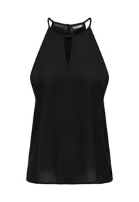 Top negro sin mangas con diseño de cuello halter, que presenta un corte en forma de llave en el pecho y un sutil brillo, fabricado con un tejido ligero.