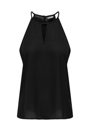 Czarny bezrękawnik z dekoltem na halter, z wycięciem w kształcie klucza na piersiach i delikatnym połyskiem, wykonany z lekkiego materiału.