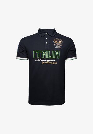 Navy polo shirt made of cotton with a button-down collar, featuring green and white accents, "ITALIA" logo, and embroidered horse insignia.
