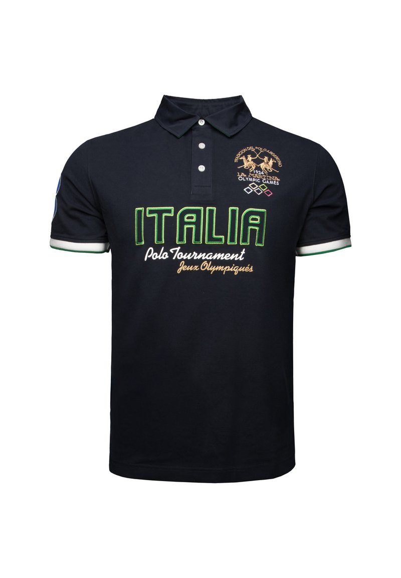 Polo shirt blu navy in cotone con colletto button-down, dotato di dettagli in verde e bianco, logo "ITALIA" e insegna del cavallo ricamata.