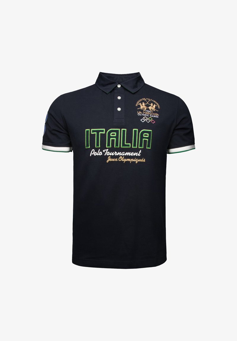 Polo shirt blu navy in cotone con colletto button-down, dotato di dettagli in verde e bianco, logo "ITALIA" e insegna del cavallo ricamata.