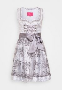 Silberne Satin-Dirndl mit floraler Spitzen-Oberlage, Bändchen-Schnürung am Oberteil und breitem Satin-Bogen, der um die Taille gebunden ist.