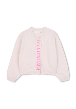 Cardigan lavorato a maglia rosa chiaro con colletto rotondo, chiusura a bottoni e scritta decorativa rosa lungo il davanti. Polsini e orlo a coste.