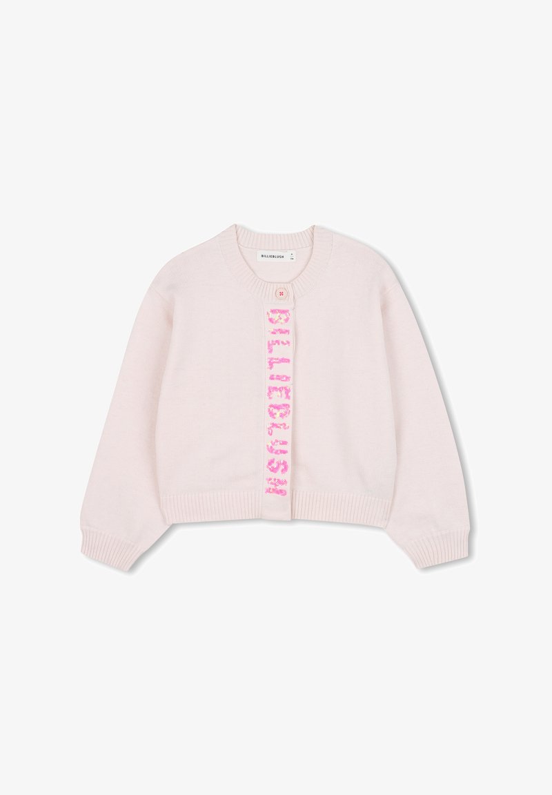 Jasnoróżowy sweter z dzianiny, z okrągłym dekoltem, zapięciem na guziki oraz ozdobnym różowym napisem na przodzie. Ściągacze przy mankietach i u dołu.
