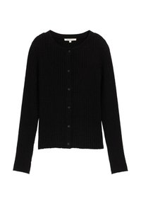 Schwarze, gerippte Strickjacke mit Rundhalsausschnitt, langen Ärmeln und Knopfverschluss. Weicher Stoff mit figurnaher Silhouette und geschlitzt gesäumtem Saum.