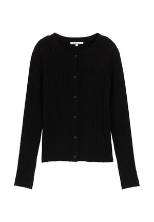 Cárdigan negro de canalé con cuello redondo, mangas largas y cierre de botones. Textura suave con una silueta ajustada y bajo con aberturas.