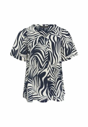 Blouse met V-hals en korte mouwen, met een abstract patroon van bladeren en golven in marineblauw en wit, losse pasvorm en lichte uitlopende zoom.