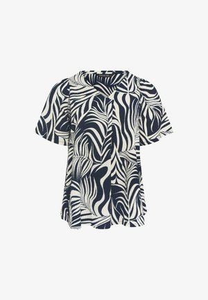 Kortærmet V-hals bluse med navy og hvidt abstrakt mønster af blade og bølger, løs pasform og let udvidelse ved kanten.