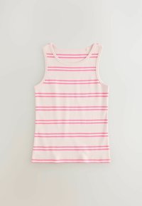 Gestreept tanktop met een lichtroze basis en horizontale donkerroze strepen. Gemaakt van zachte stof, heeft het een ronde halslijn en een mouwloze stijl.