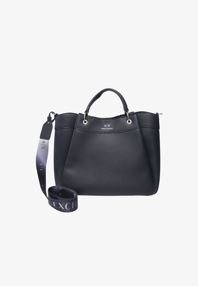 Borsa tote in pelle nera con finitura texture, manici superiori doppi, tracolla staccabile e dettagli in metallo argentato. Logo visibile sul fronte.