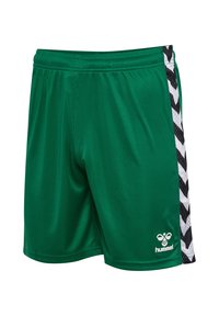 Gröna sportshorts i slät tyg, med ett svart och vitt chevronmönster längs sidorna och en logotyp på nedre höger.