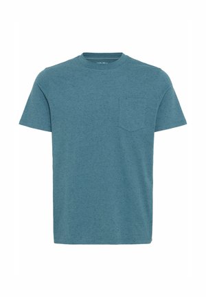 Short-sleeve, crew neck t-shirt in a heathered teal color, featuring a left chest pocket and a soft, textured fabric.