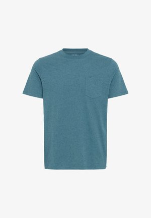 T-shirt z krótkim rękawem, okrągłym dekoltem w heatherowym kolorze teal, z kieszonką na lewej piersi oraz miękkim, teksturowanym materiałem.
