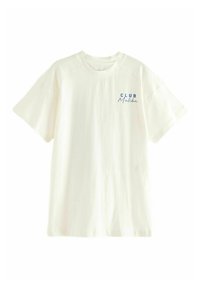 Vit bomull t-shirt med kort ärm, med blå text "CLUB Malibu" på vänster bröst. Klassisk crew neck-design.