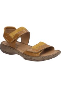 Yellow leather sandals with two adjustable straps, a cushioned footbed, and a textured rubber sole for grip and comfort.