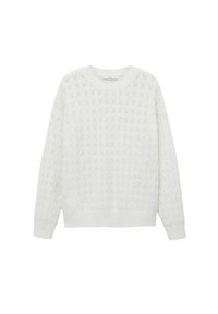 Biały dziergany sweter z fakturowanym wzorem, okrągłym dekoltem i długimi rękawami zakończonymi prążkowanymi ściągaczami oraz krawędzią.