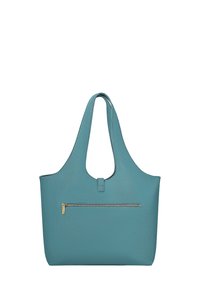 Borsa a spalla in pelle color turchese con texture liscia, manici arrotondati e una tasca esterna con zip caratterizzata da accessori in oro.