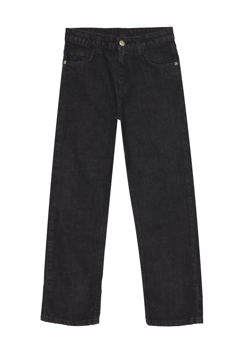 Jeans in denim nero a gamba dritta con finitura testurizzata, dotati di tasche frontali, chiusura con bottone e design minimalista senza motivi.