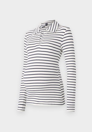 Polo a maniche lunghe per maternità con strisce orizzontali bianche e blu navy, texture a coste e colletto con mezza patta di bottoni.