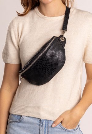 Marsupio in faux leather nero con trama in reptile texture, chiusura con zip e tracolla regolabile, indossato sul corpo.