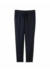 Pantalon décontracté noir avec taille élastique et cordon de serrage, doté de poches avant et d'une coupe droite, sur fond blanc.