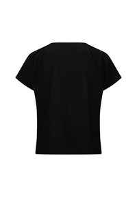 Sort t-shirt med afslappet pasform, korte ærmer og en glat tekstur, der har et enkelt design uden synlige mønstre eller detaljer.