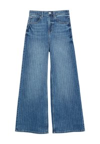 Wijduitlopende blauwe spijkerbroek met verticale witte streepjes, vier zakken en een sluiting met een voorste knoop.