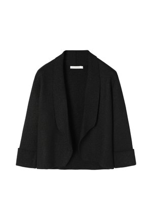 Cardigan aperto nero con una texture morbida, maniche lunghe e polsini arrotolati. Realizzato in un tessuto leggero con una leggera lucentezza.