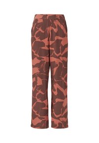 Wijdvallende broek in een roestbruin stof, met een abstract patroon van gedurfde, ongelijke vormen en een comfortabele elastische tailleband.