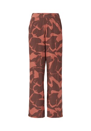 Pantalons larges en tissu brun-rouge, avec un motif abstrait de formes audacieuses et irrégulières, et une ceinture élastique confortable.