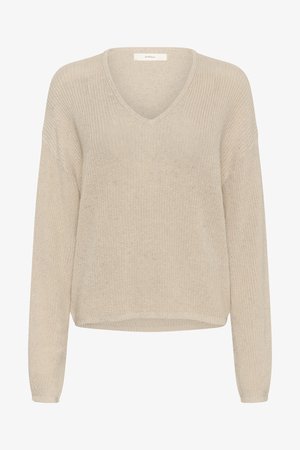 Beiger Strickpullover mit langen Ärmeln und V-Ausschnitt, mit lockerem, bequemem Sitz sowie gerippten Bündchen und Saum.