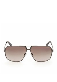 Occhiali da sole stile aviator con una montatura in metallo scuro, lenti gradiente marroni e naselli trasparenti. Presenta un sottile logo del marchio sul lato.