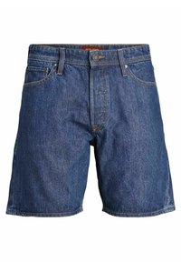 Shorts de mezclilla en azul oscuro con un corte clásico, que cuentan con bolsillos frontales, cremallera y costuras visibles a lo largo de los bordes y costuras.