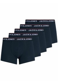 Navyblaue Baumwollboxershorts mit einem breiten elastischen Bund, auf dem "JACK & JONES" in weißer Schrift steht, präsentiert in einer Packung mit fünf Stück.