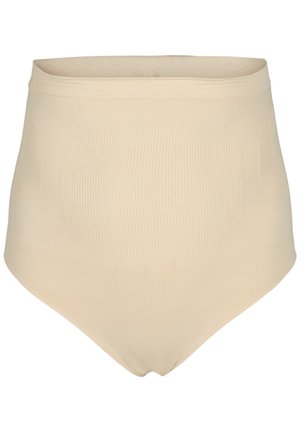 Högmidjade, hudfärgade shaping-trosor tillverkade av ett slätt, elastiskt tyg med ribbat mönster och sömlösa kanter.