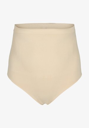 Visoke hlače v nude barvi, narejene iz gladkega, raztegljivega blaga z rebrasto teksturo in brezšivnimi robovi.