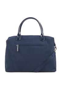Sac à main en nylon bleu marine avec une texture lisse, poignées en cuir verni, poche avant zippée et bandoulière amovible.