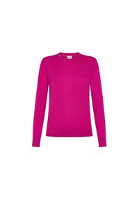 Maglione fucsia a maniche lunghe, collo rotondo, polsini e orlo a coste, texture morbida, logo discreto sul petto. Realizzato in materiale leggero.