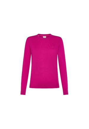 Maglione fucsia a maniche lunghe, collo rotondo, polsini e orlo a coste, texture morbida, logo discreto sul petto. Realizzato in materiale leggero.