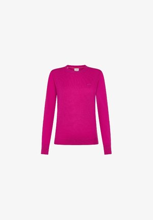 Maglione fucsia a maniche lunghe, collo rotondo, polsini e orlo a coste, texture morbida, logo discreto sul petto. Realizzato in materiale leggero.